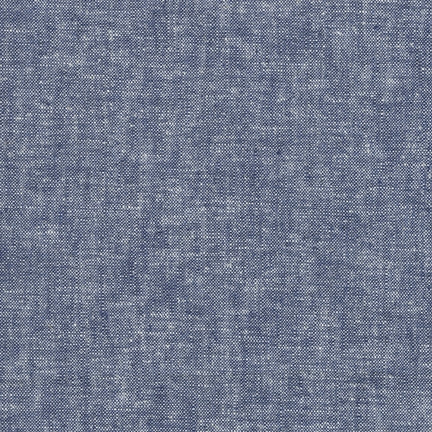 Blå stof af farven 'denim' fra Robert Kaufman's Essex-serie, 112 cm bredt