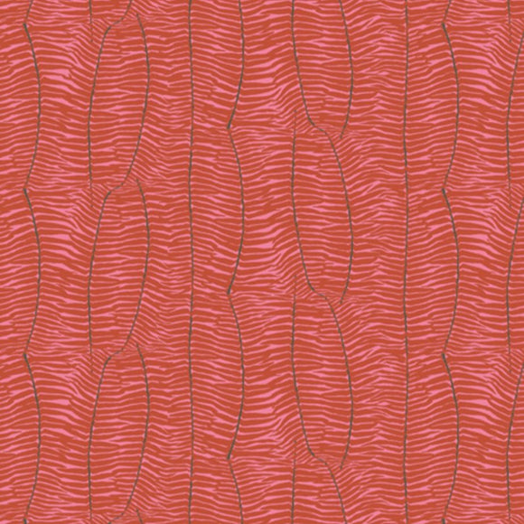 Smuk rød og pink med fjeragtig print og mørke streger, 110 cm bredt